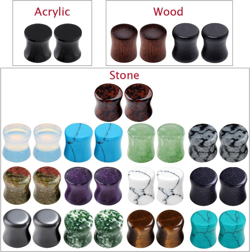 PiercingJ Acrylic Wood Mixed Stone Plugs - 16 Pairs/32 Pieces Set - Ear Tunnels & Gauges - Double Flared Ear Expander Set - Image 2